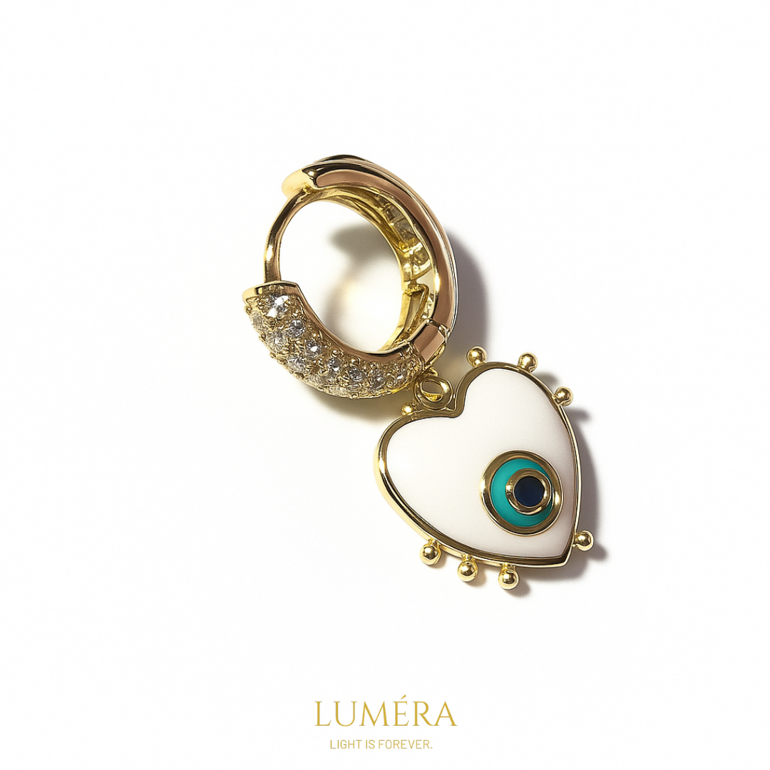 Altın Detaylı Nazar Gözlü Kalp Küpe Seti – Luméra