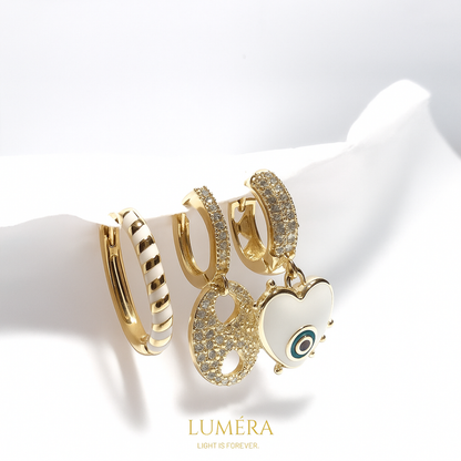 Altın Detaylı Nazar Gözlü Kalp Küpe Seti – Luméra