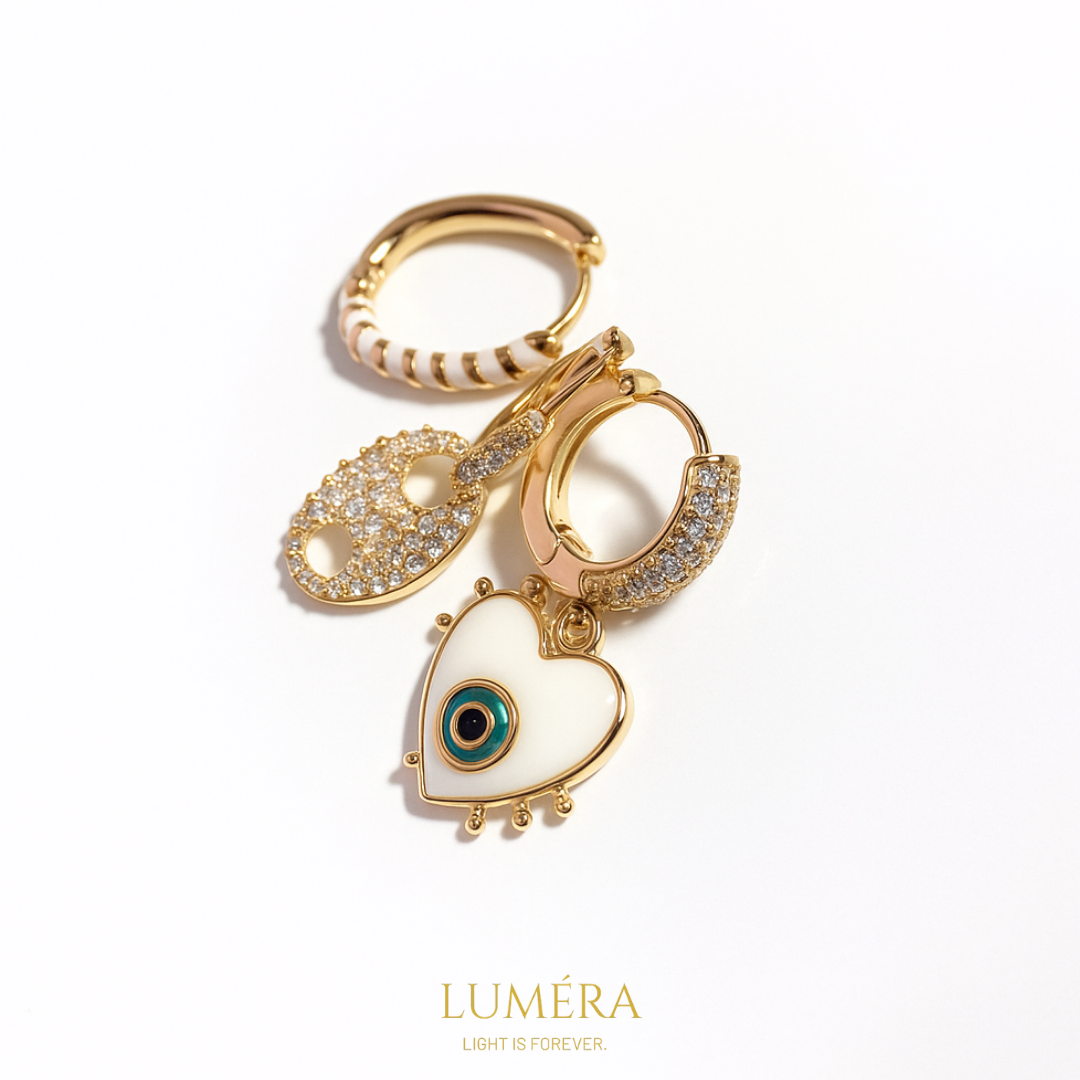 Altın Detaylı Nazar Gözlü Kalp Küpe Seti – Luméra