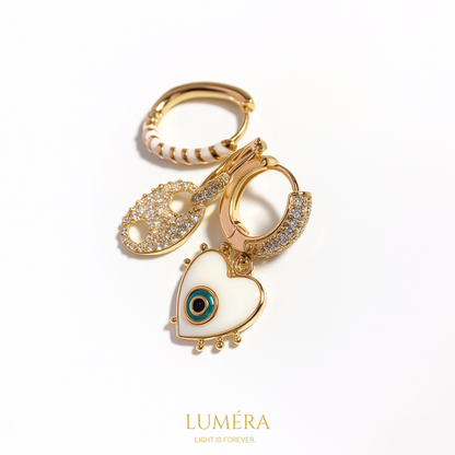 Altın Detaylı Nazar Gözlü Kalp Küpe Seti – Luméra