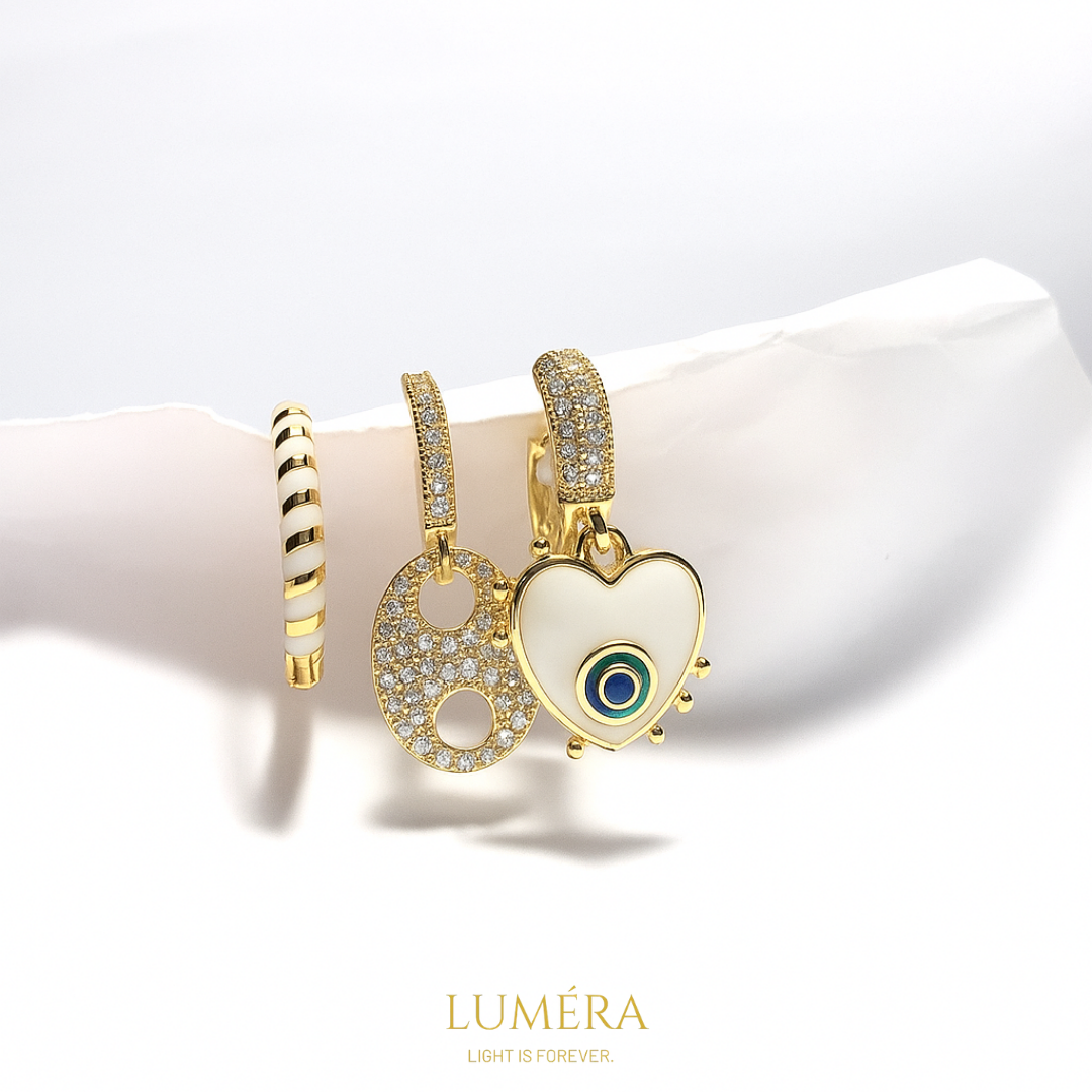 Altın Detaylı Nazar Gözlü Kalp Küpe Seti – Luméra